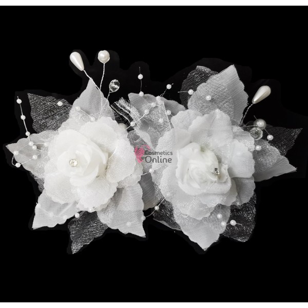Tiara Ti042AA Trandafiri alb pentru mirese cu cristale si perle + 2 agrafe